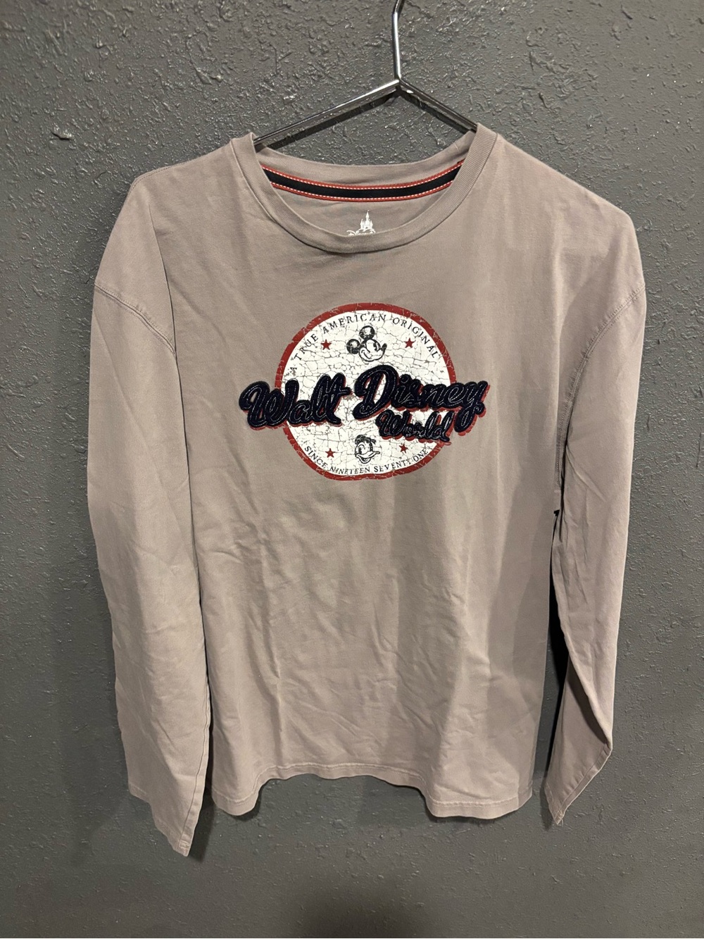 Disney Long Sleeve Tee - Taupe with Navy & Red Logo